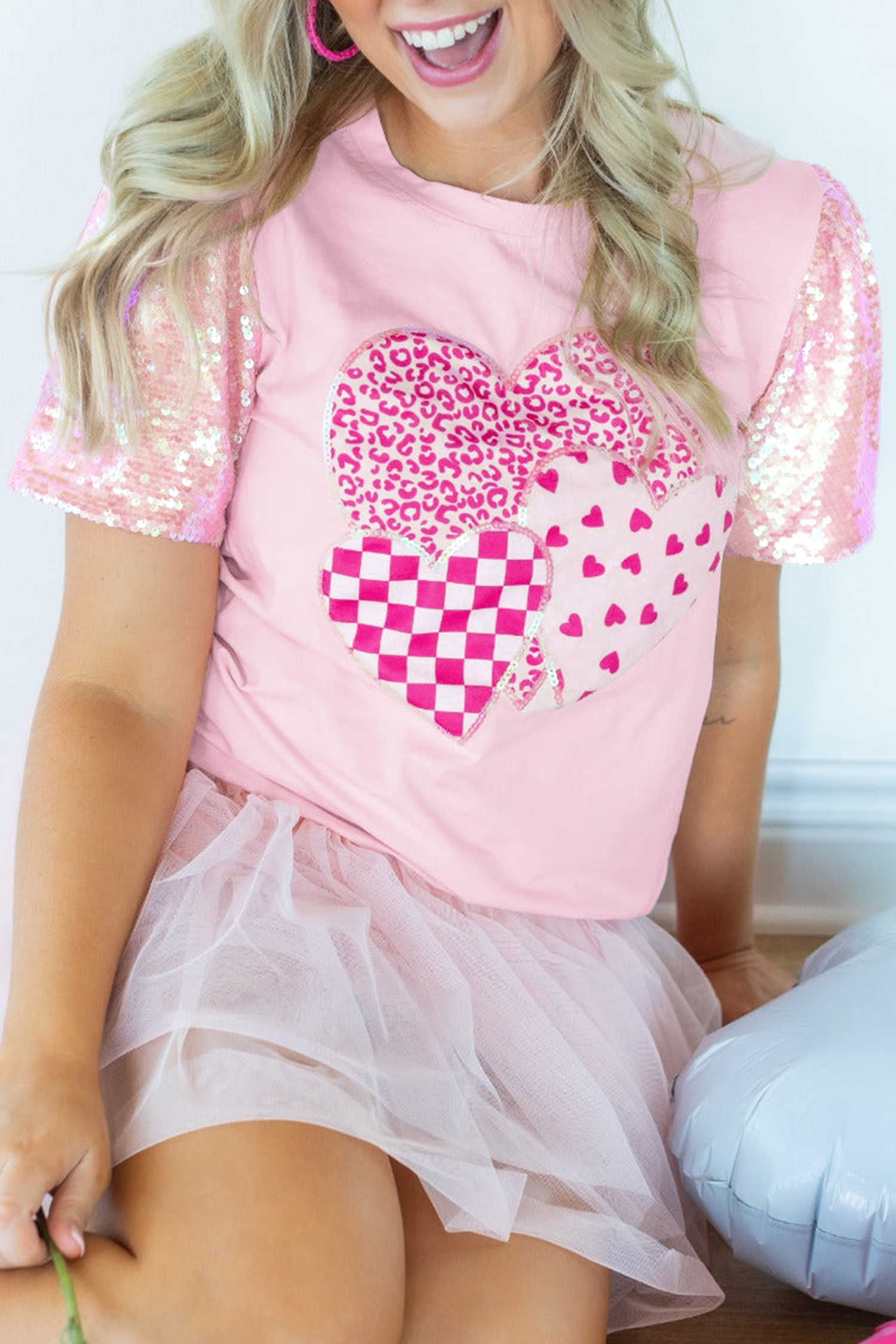 Light Pink Three Sweet Hearts Printed Sequin Trim Contrast Sleeve Patchwork Tee - loveforevers