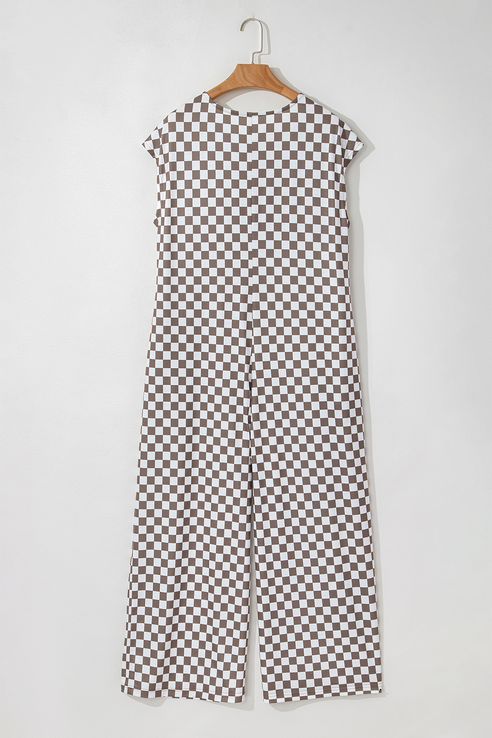 Khaki Checkered Print Buttoned Crew Neck Wide Leg Jumpsuit - loveforevers
