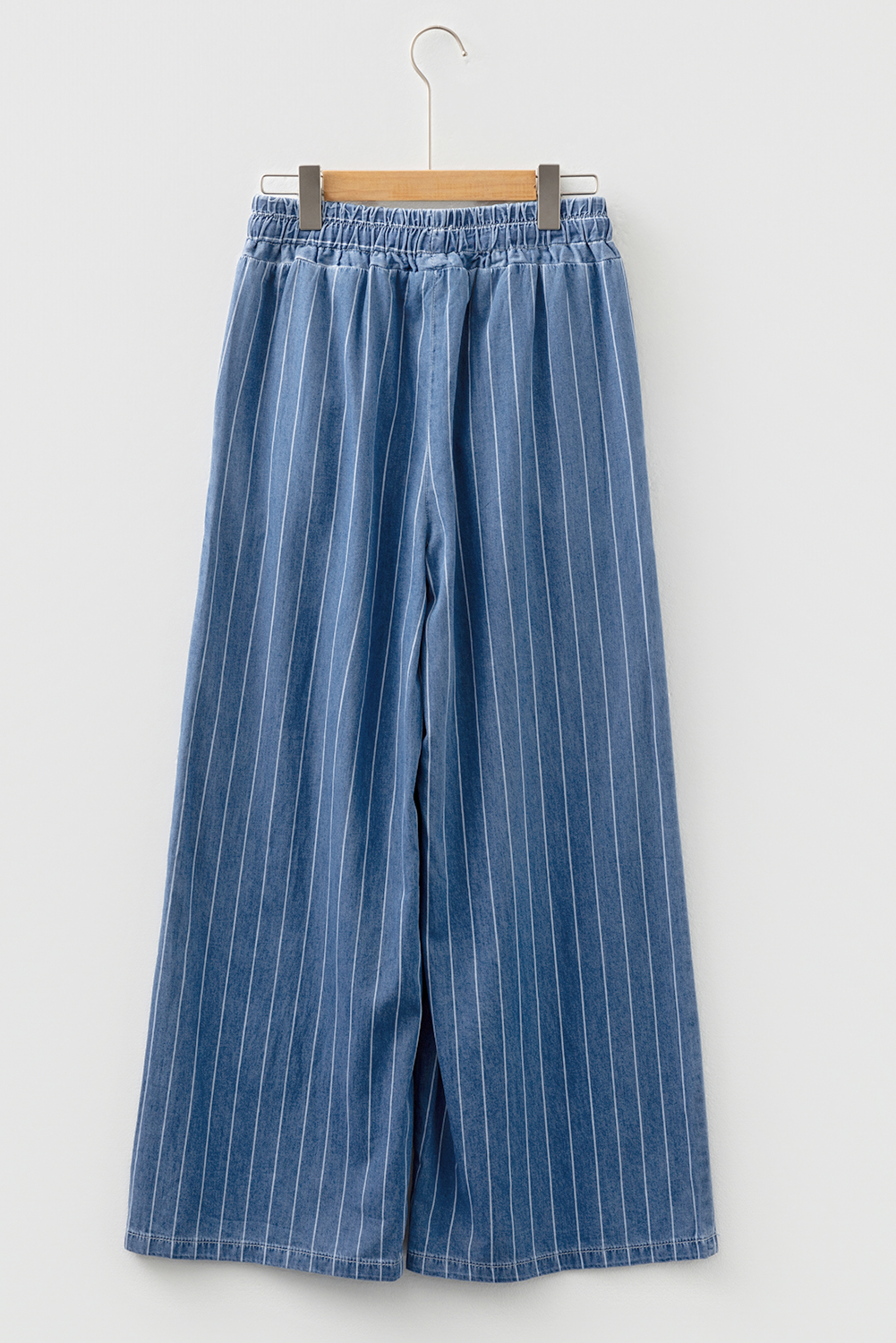 Blue Stripe Chambray Wide Leg Tied Elastic Waist Trousers - loveforevers