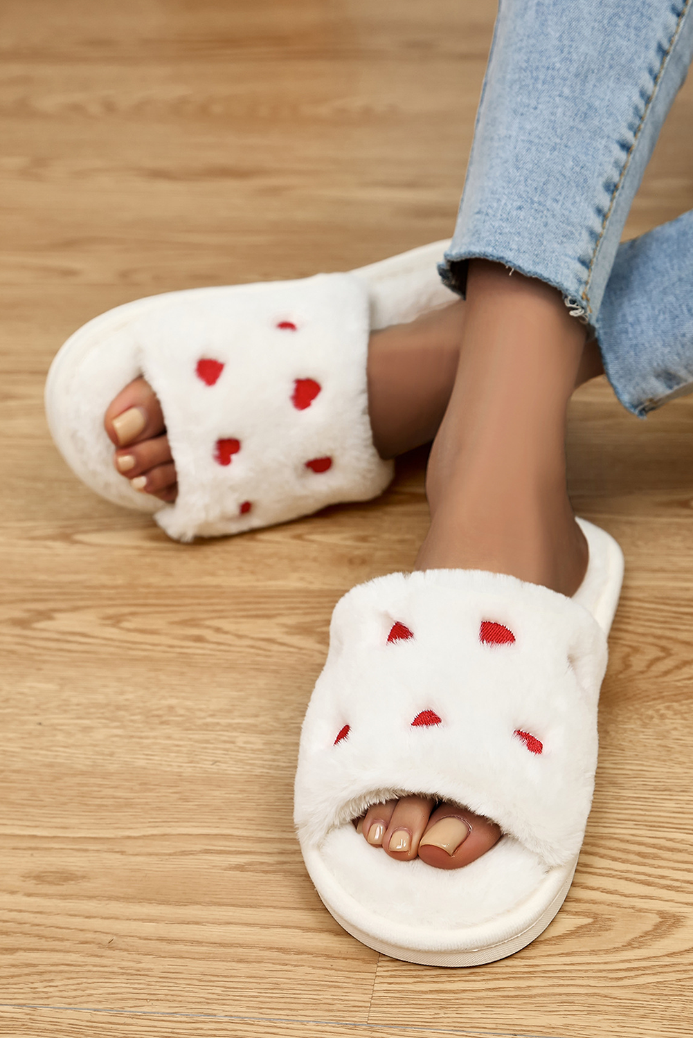 White Valentines Heart Embroidered Fuzzy Winter House Slippers - loveforevers