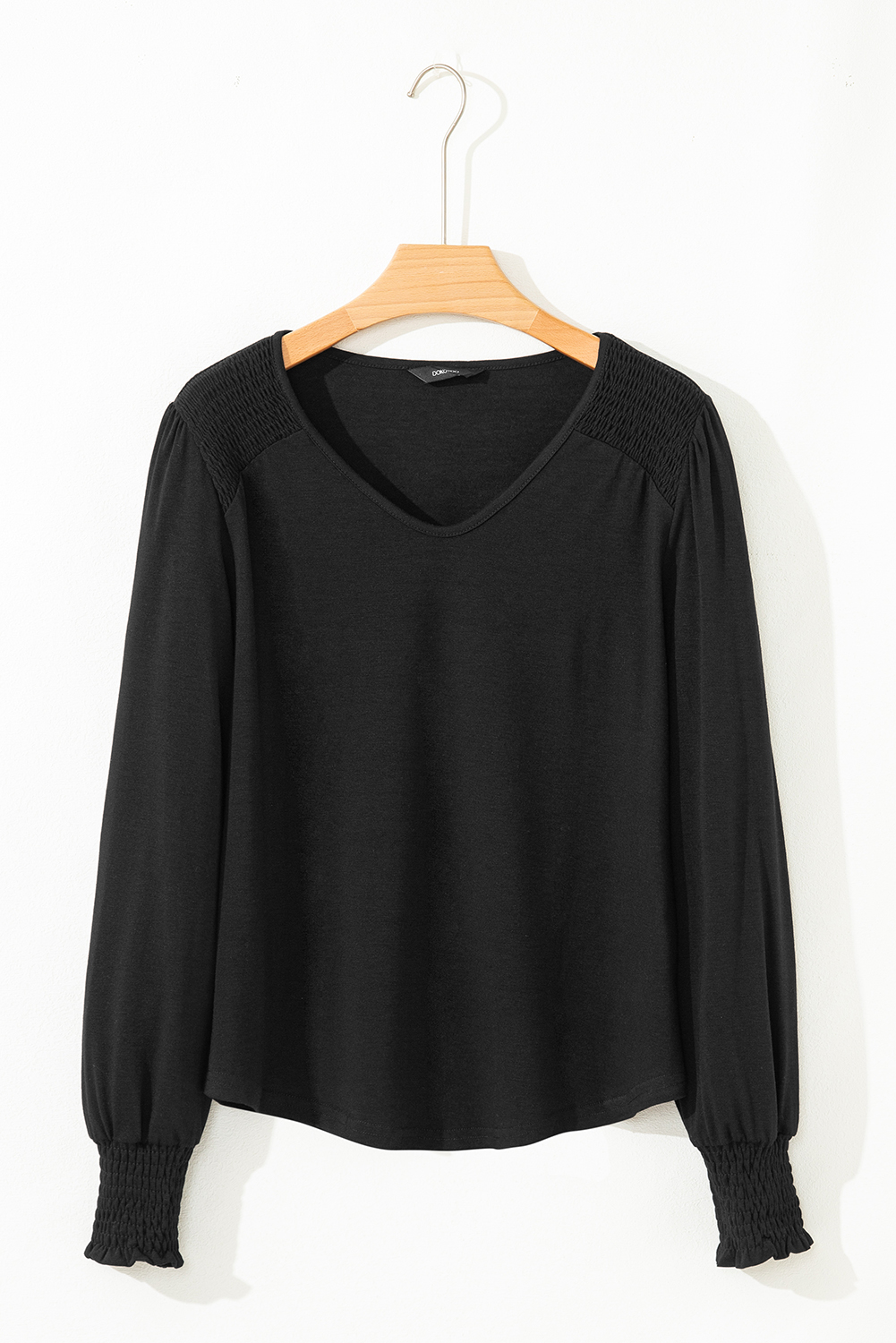 Beige Shirred Shoulder Frilled Cuffs Long Sleeve Top - loveforevers