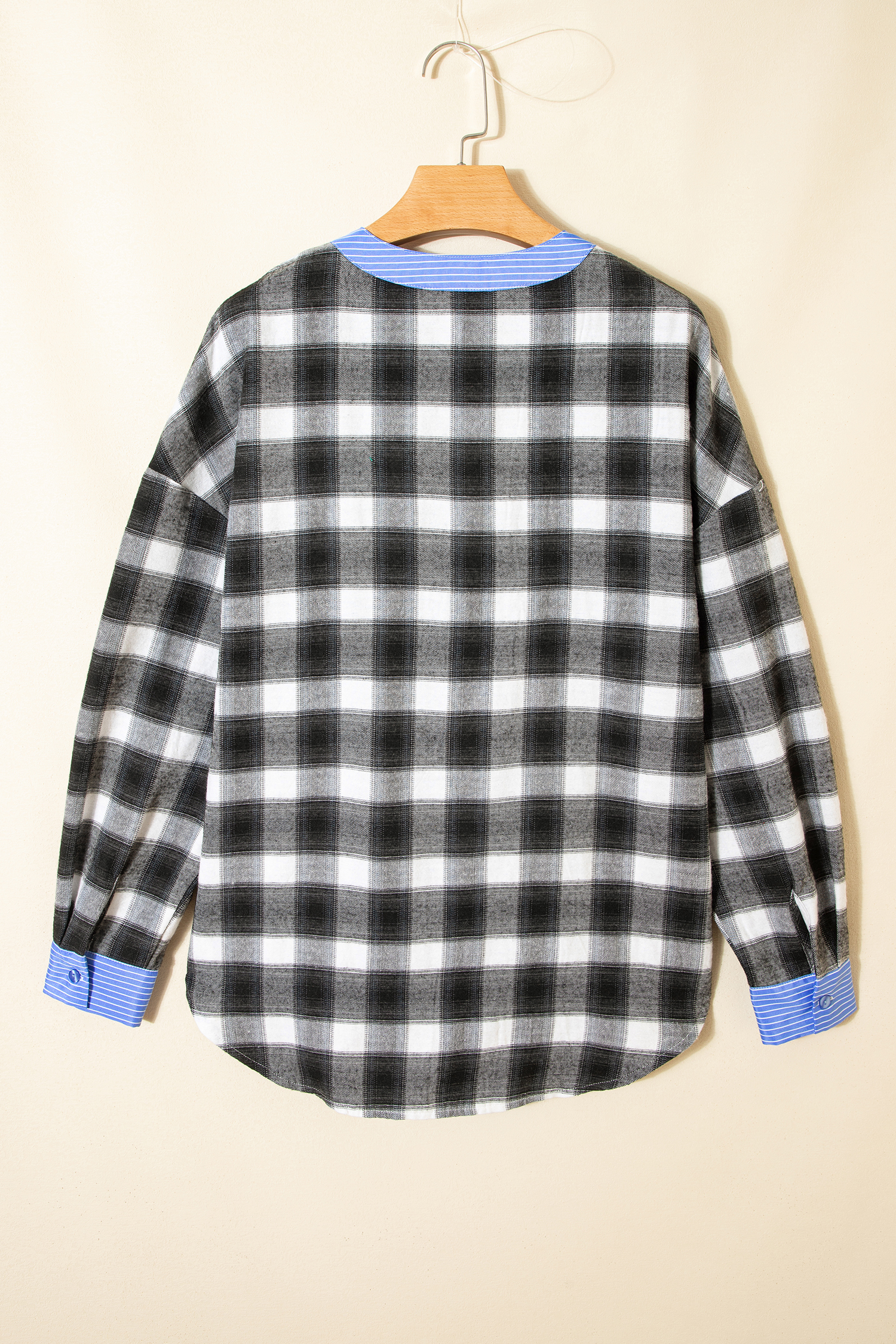 Black Contrast Striped Edge Half Placket Plaid Blouse - loveforevers