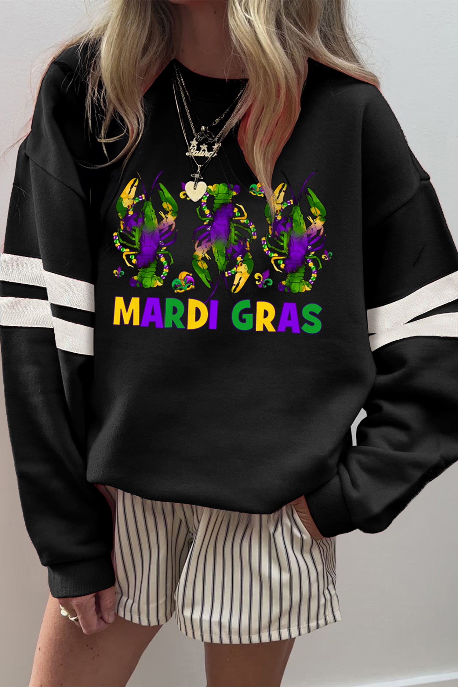 Black Sequin Mardi Crown Dropped Shoulder Varsity Sweatshirt - loveforevers