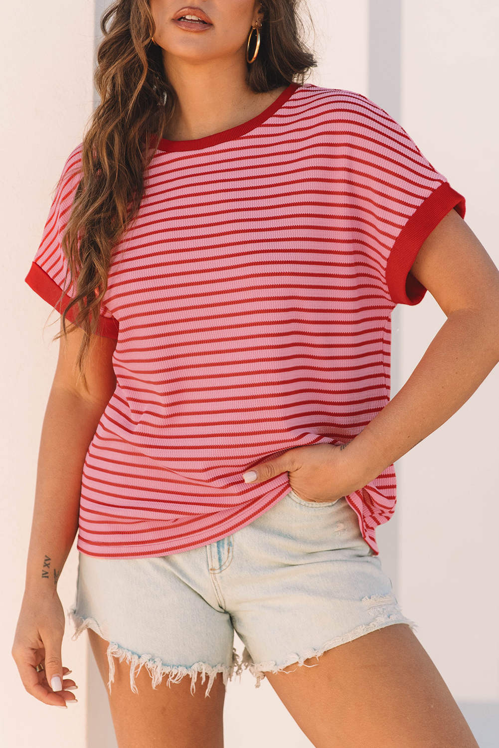 Pink Stripe Knitted Round Neck T Shirt - loveforevers