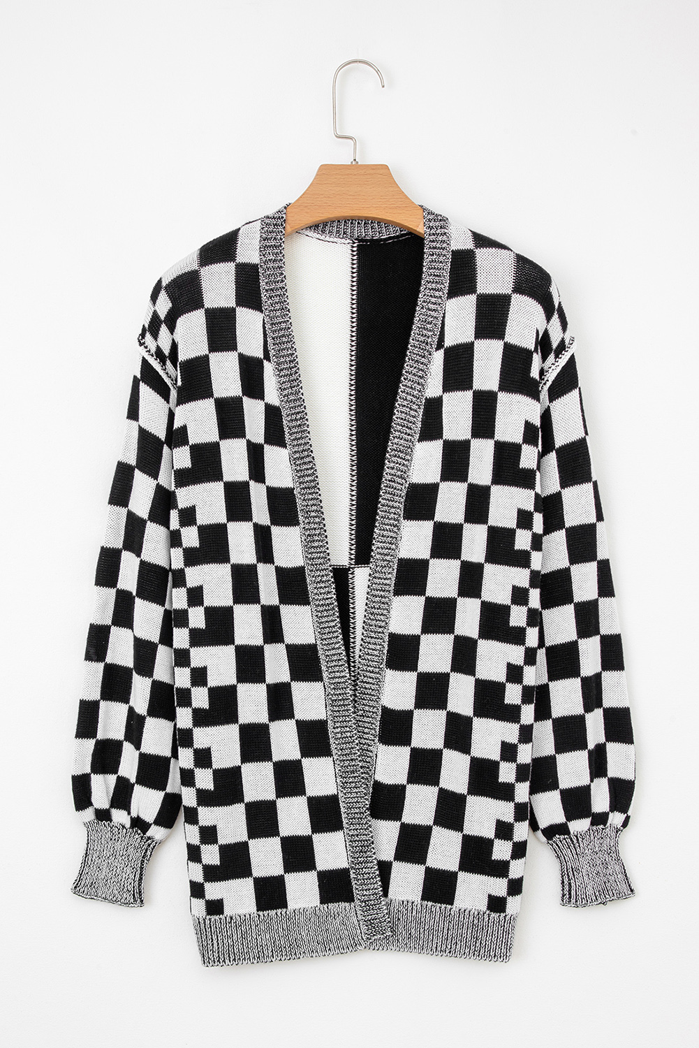 Black Checkered Open Front Drop Shoulder Cardigan - loveforevers