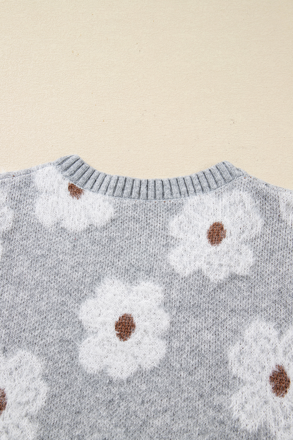 Gray Cute Flower Print V Neck Drop Shoulder Baggy Sweater - loveforevers