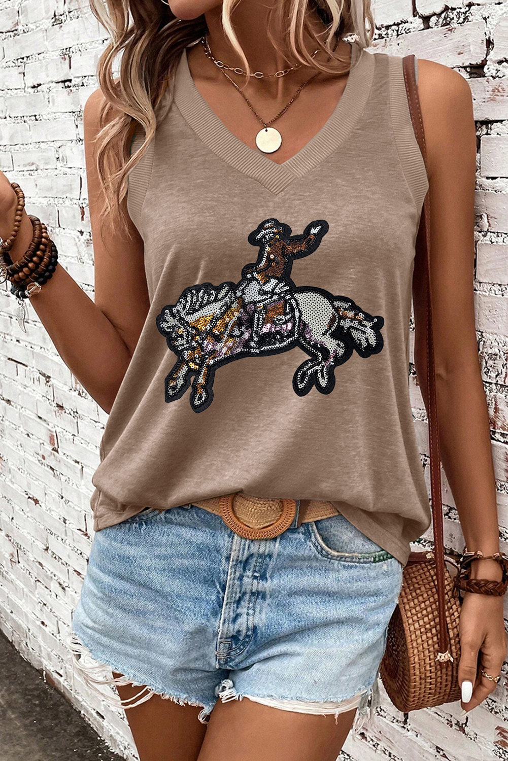 Simply Taupe Sequined Rodeo Graphic Western Fashion Tank Top - loveforevers