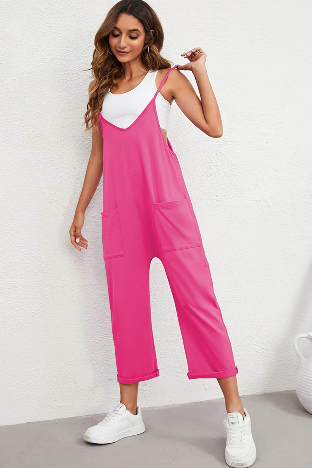Rose Red Black Pocketed Adjustable Spaghetti Strap Straight Leg Jumpsuit - loveforevers