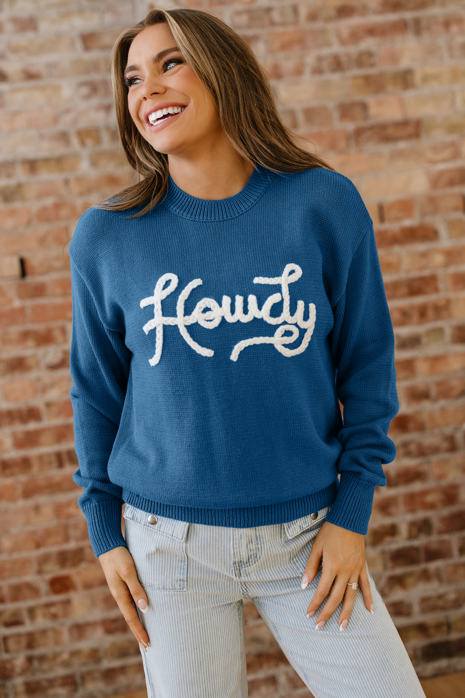 Dusk Blue Howdy Embroidered Graphic Western Sweater - loveforevers