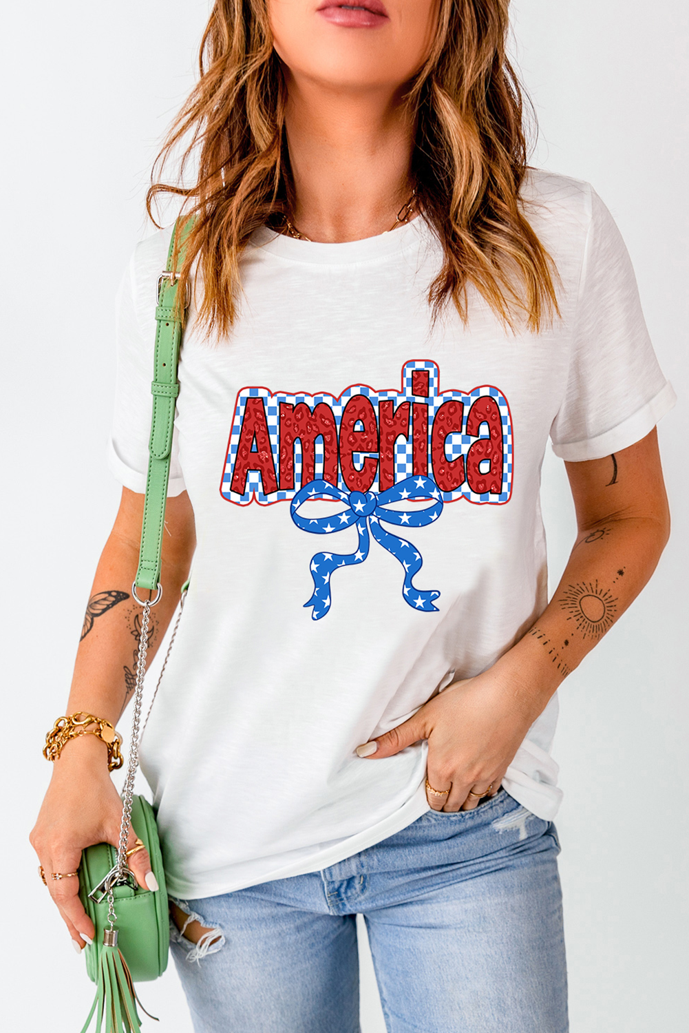 White Funky America Letter Bow Printed T Shirt - loveforevers