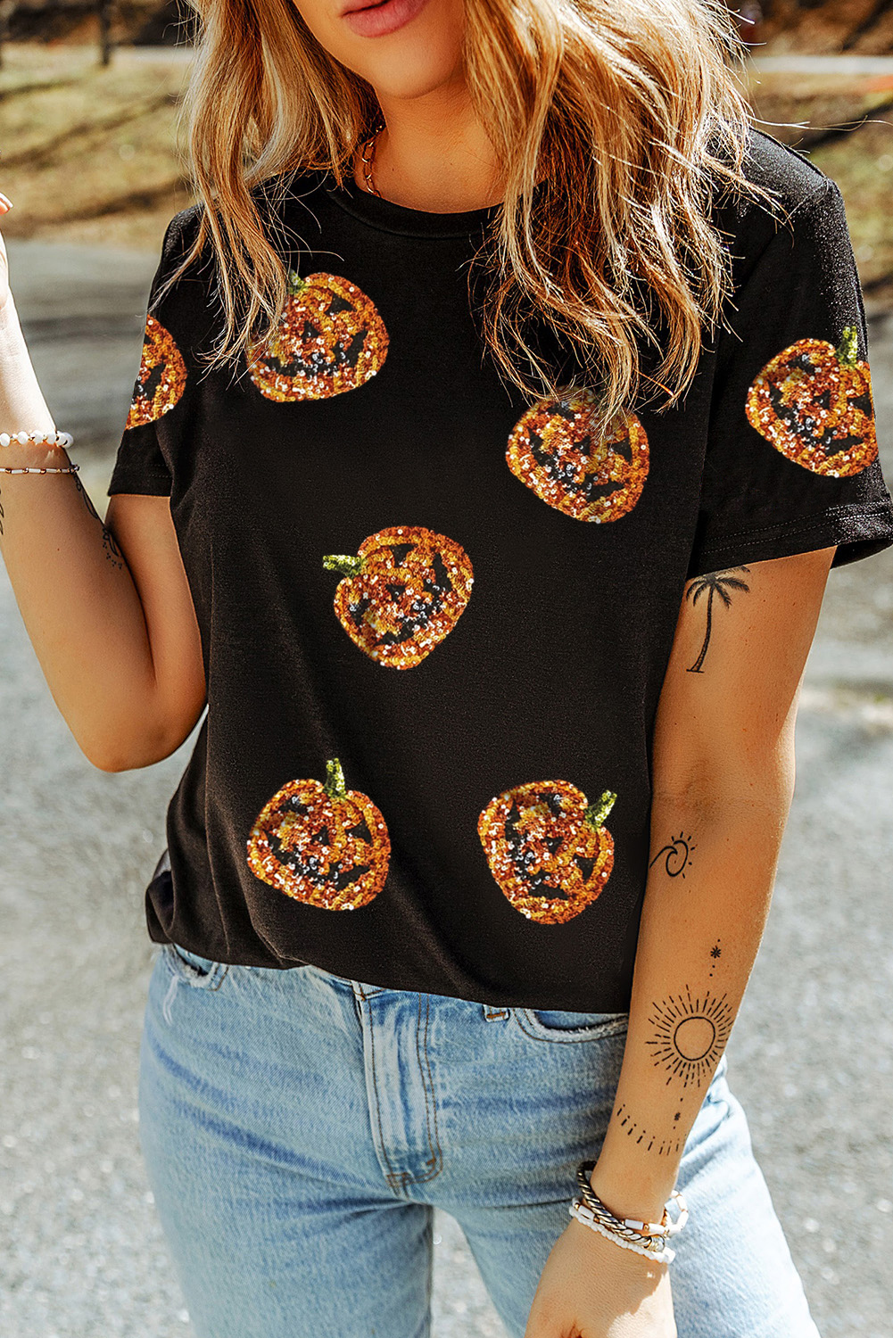 Black Sequin Pumpkin Face Halloween T Shirt - loveforevers