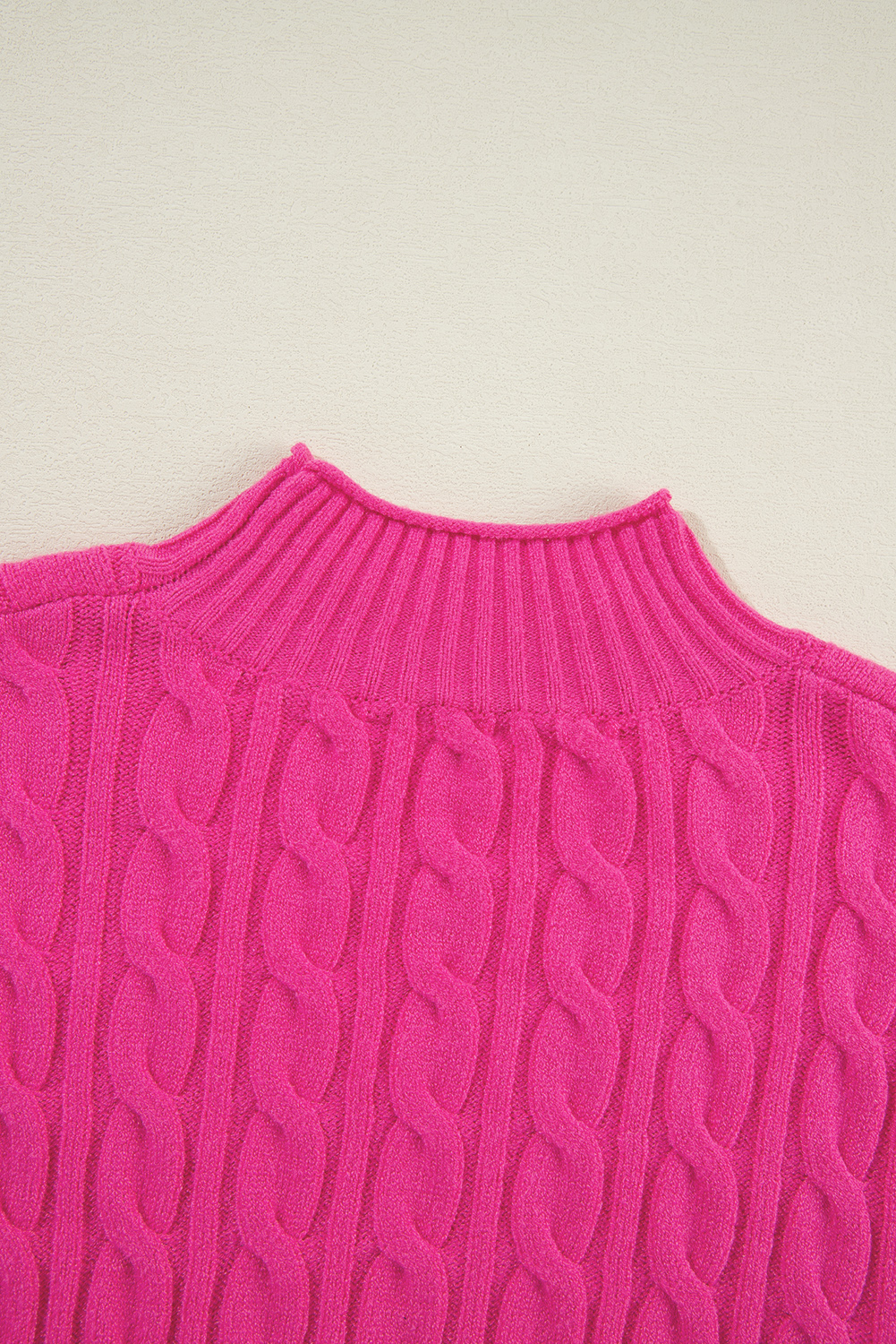 Rose Red Solid Cable Knit High Neck Drop Shoulder Sweater - loveforevers