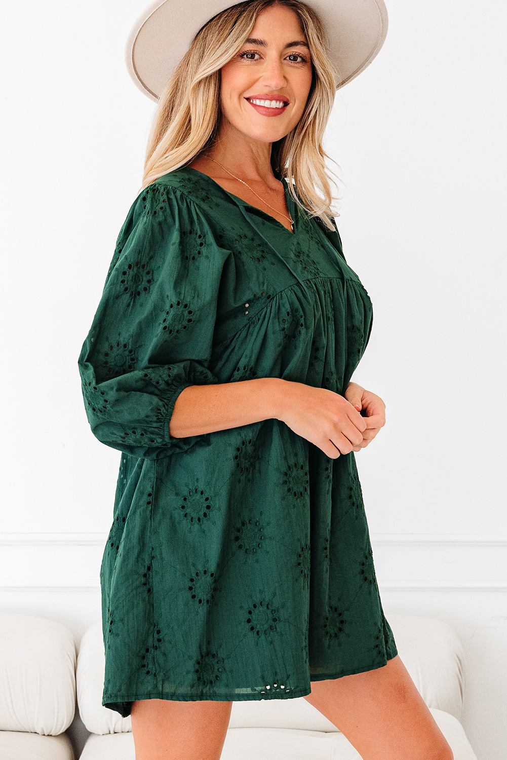 Blackish Green Embroidered Eyelet Pattern 3/4 Puffy Sleeve Swing Mini Dress - loveforevers
