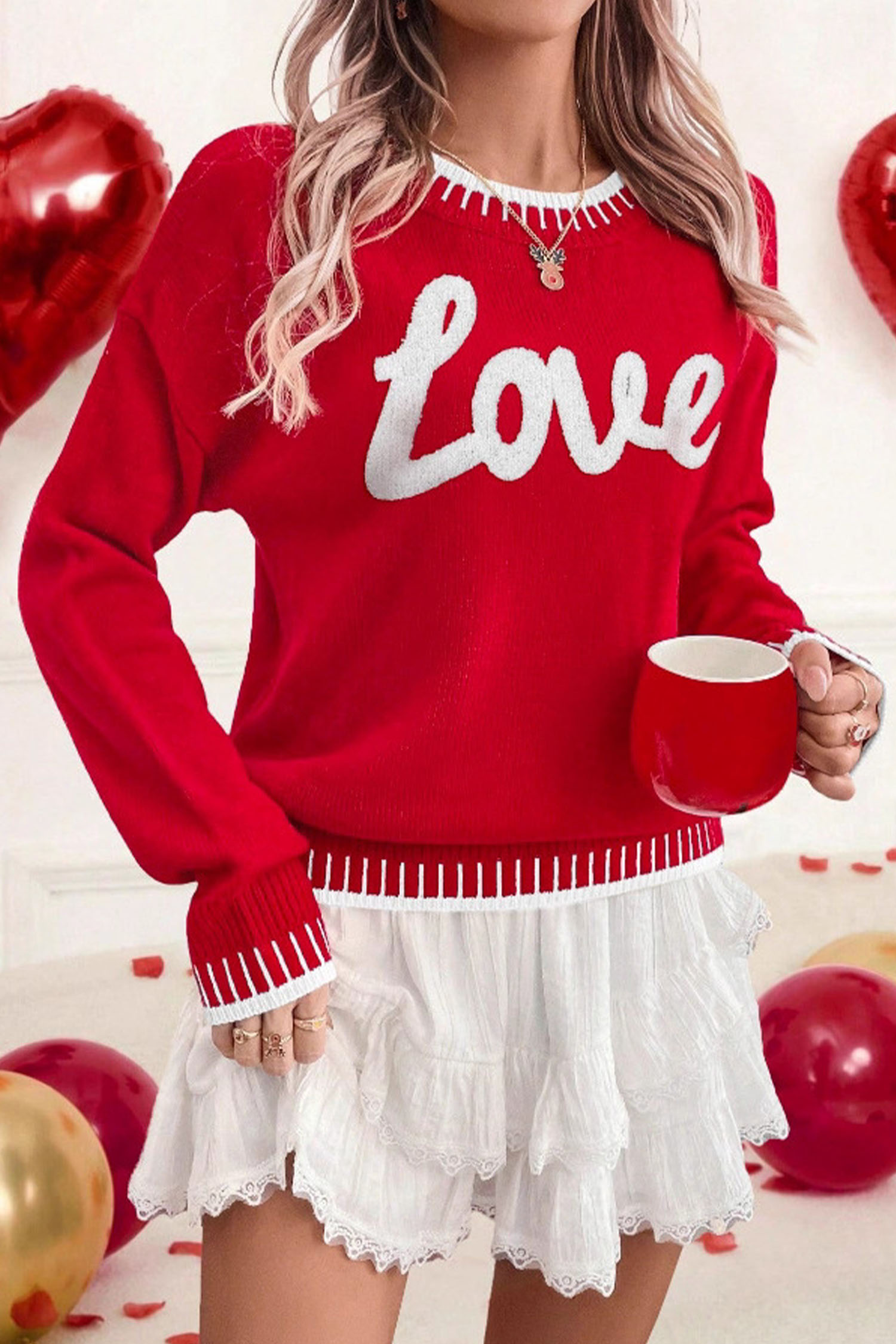 Light Blue Valentine Love Chenille Letter Graphic Sweater - loveforevers