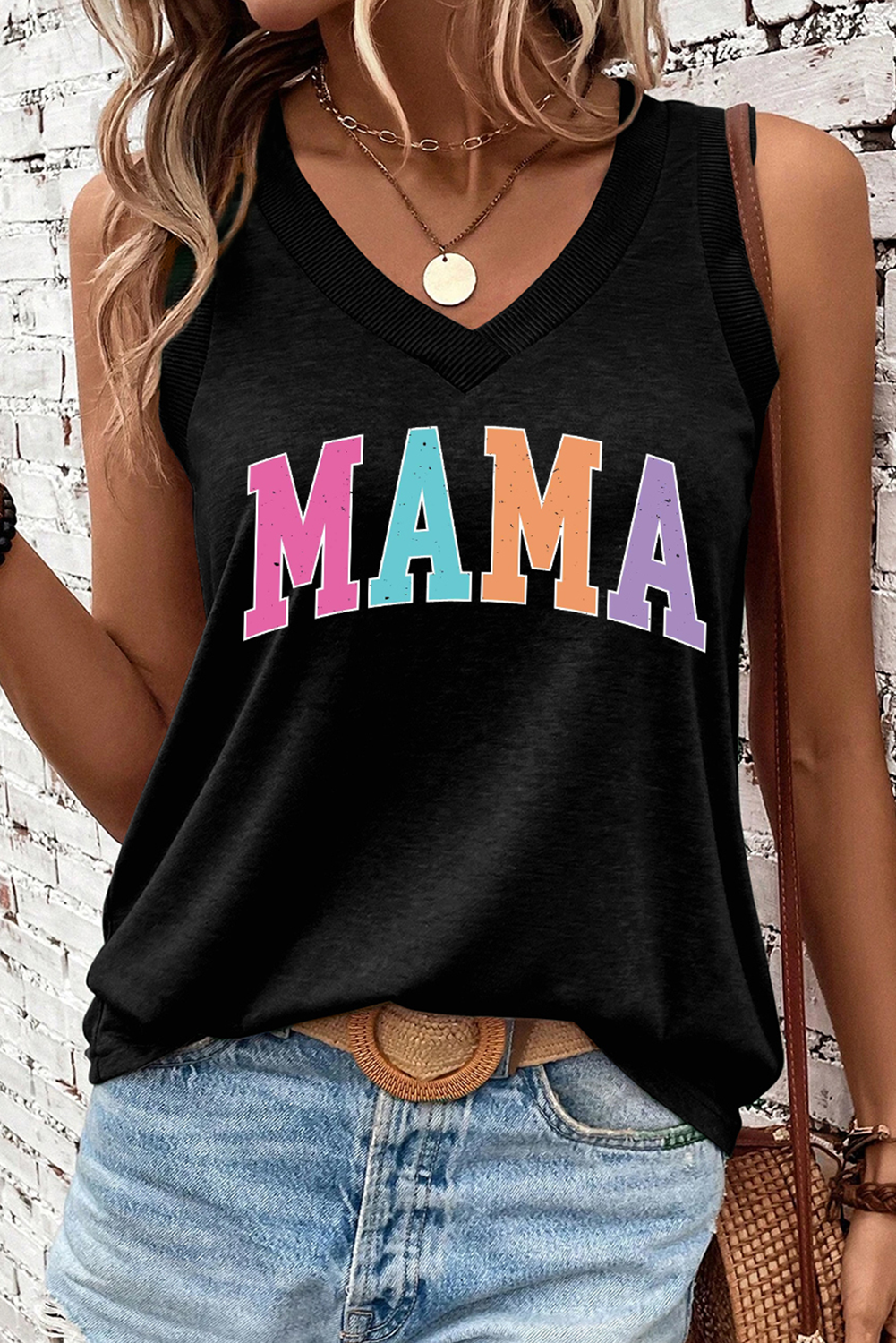 Black MAMA V Neck Loose Fit Tank Top - loveforevers