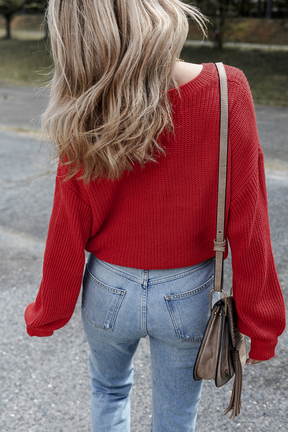 Racing Red Solid Textured Knit V Neck Drop Shoulder Sweater - loveforevers