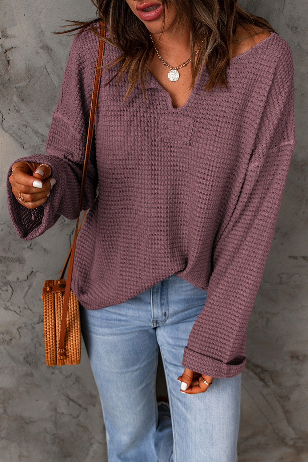 purple Waffle Knit Loose Long Sleeve Top - loveforevers