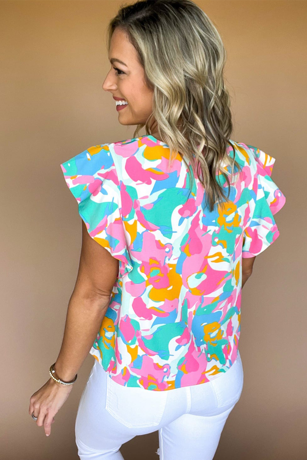Multicolour Abstract Print Notched Neck Flutter Sleeve Blouse - loveforevers