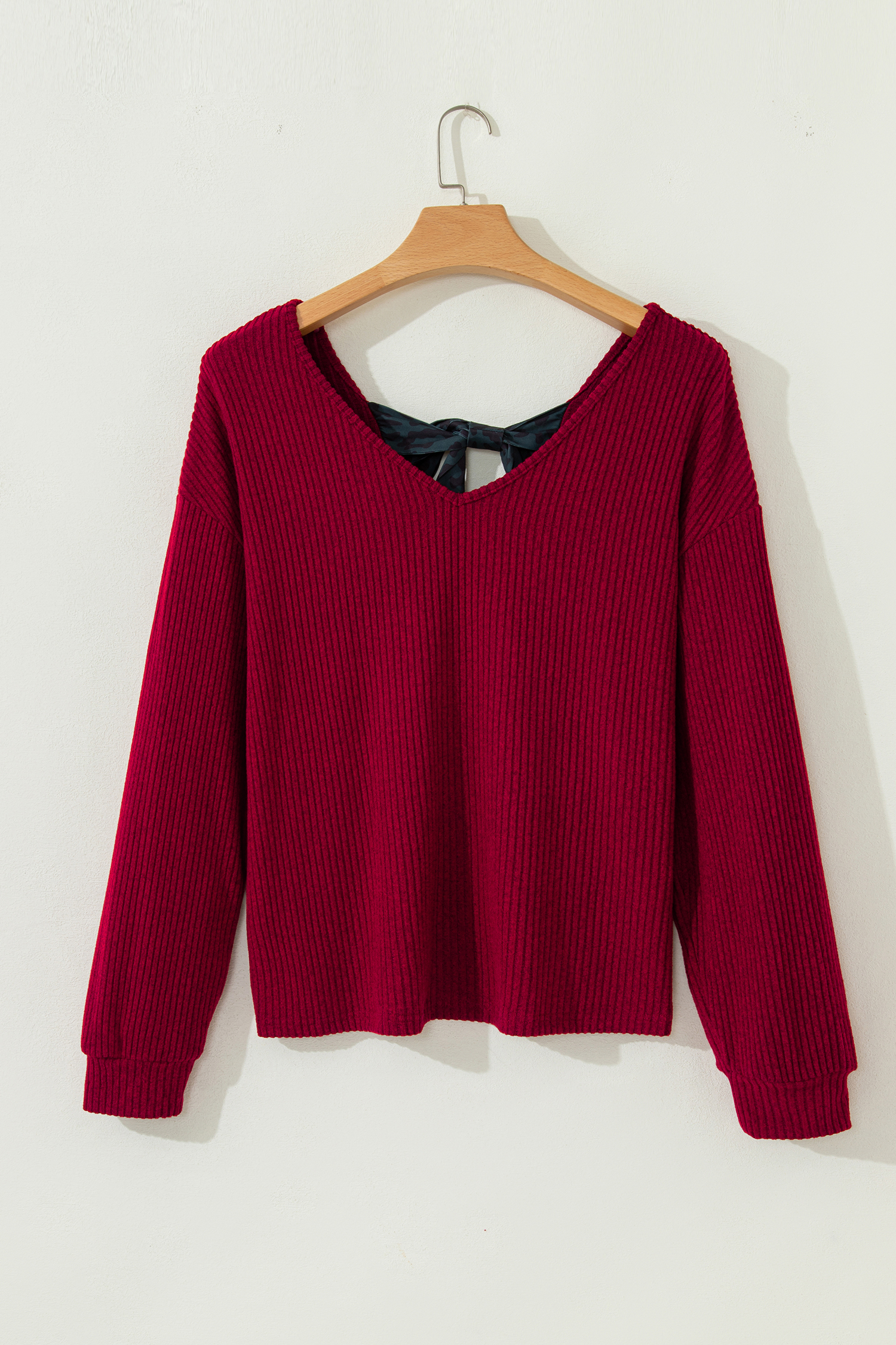 Racing Red Ribbed V Neck Contrast Ribbon Bow Back Drop Shoulder Long Sleeve Top - loveforevers