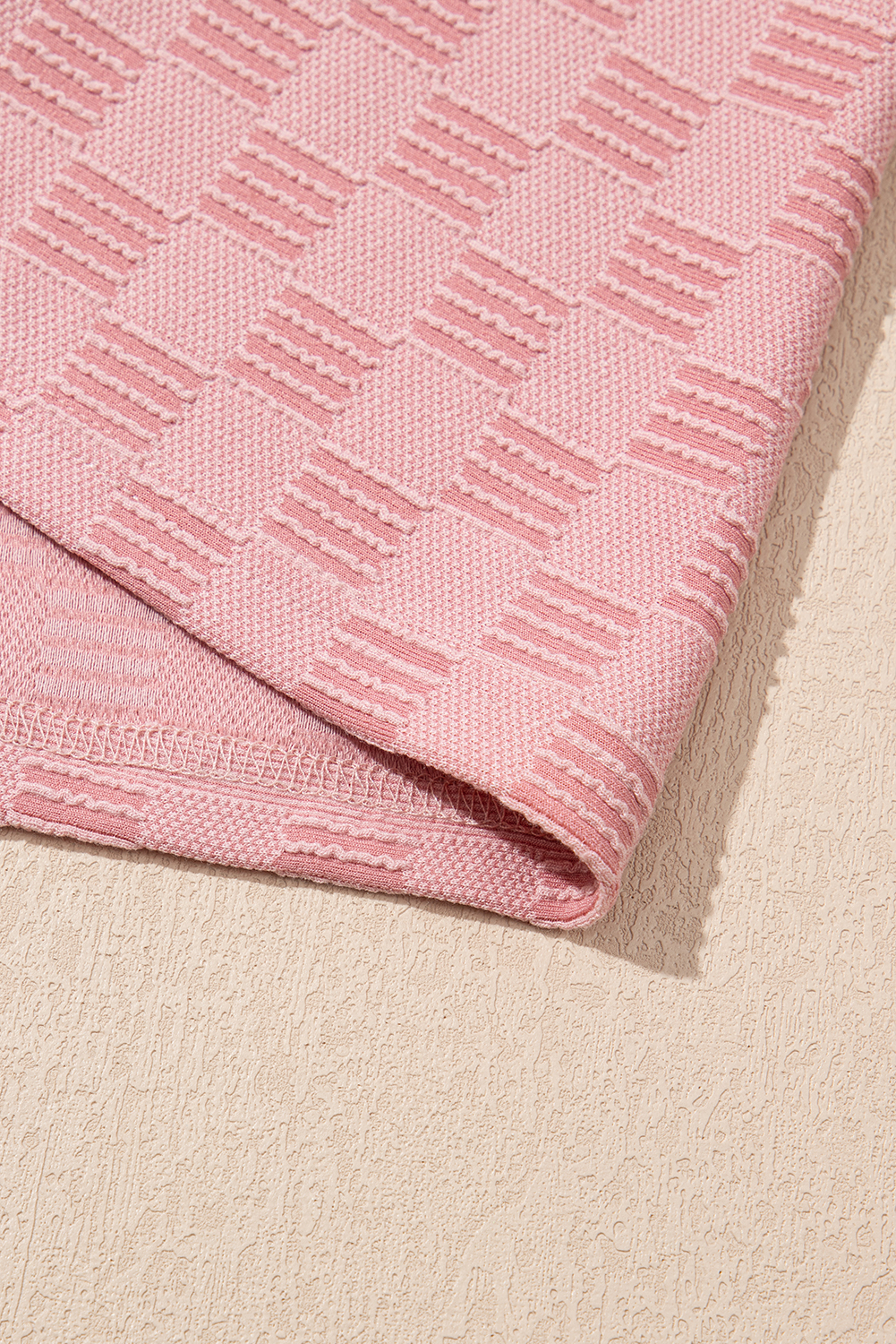 Apricot Pink Checkered Textured Round Neck T-shirt - loveforevers