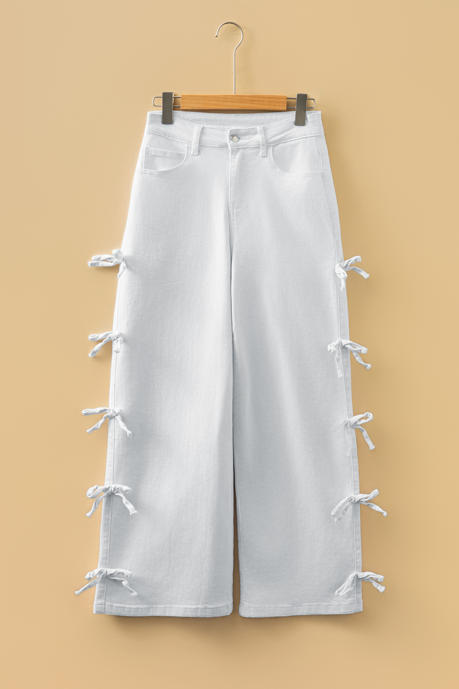 White Bow Knot Side Detail Straight Leg Loose Jeans - loveforevers