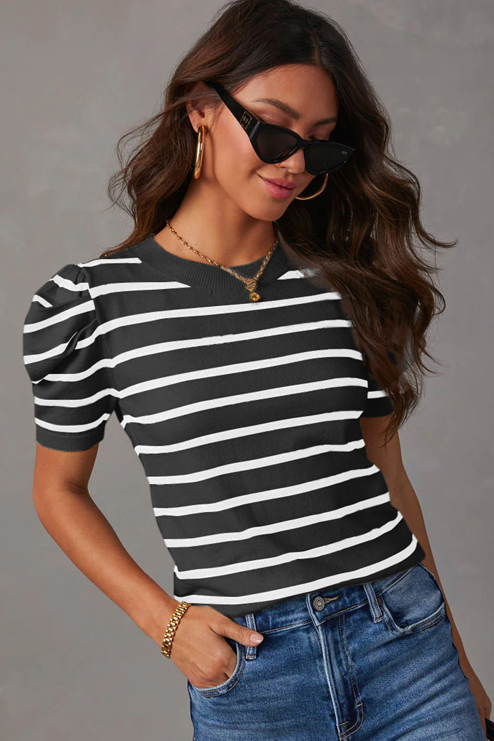 Blue Stripe Ribbed Trim Round Neck Bubble Sleeve Knitted Top - loveforevers