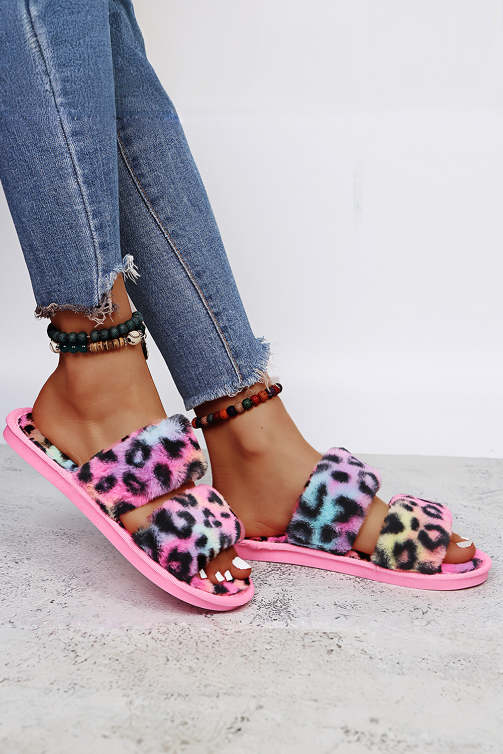 Rose Red Bold Plush Leopard Double Band Flat Slippers - loveforevers