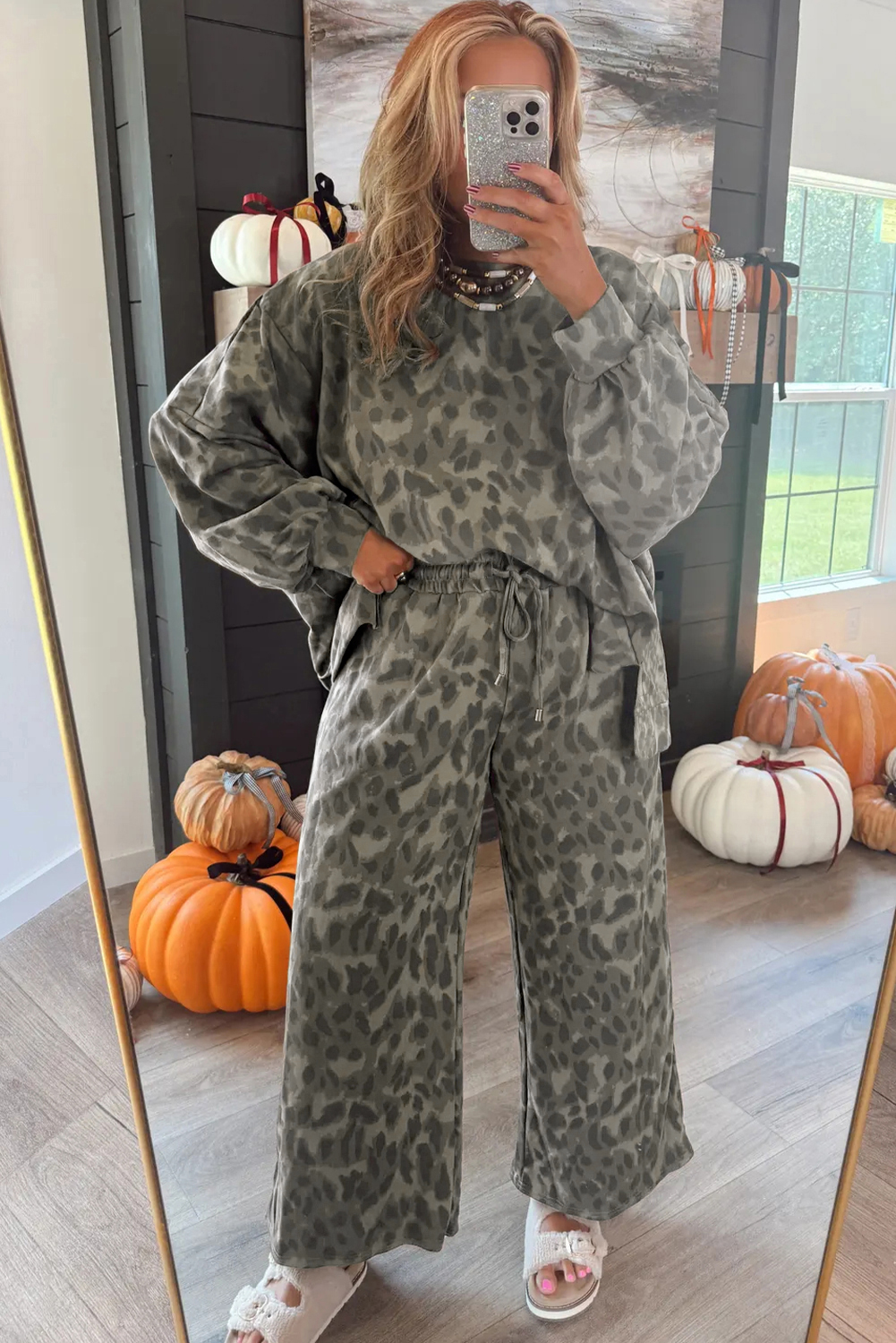 Brown Leopard Loose Tee Drawstring Waist Barrel Pants Set - loveforevers