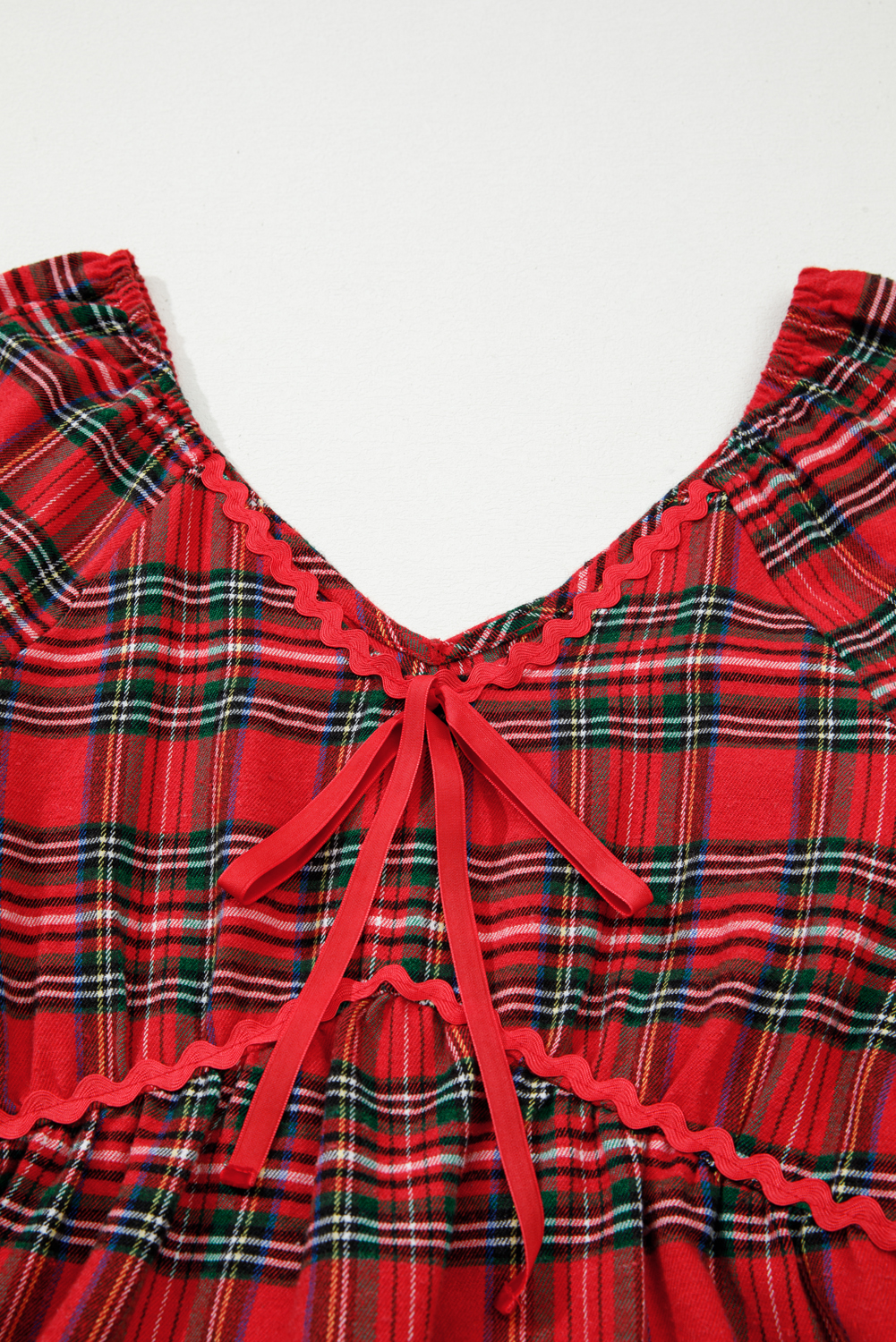 Red Plaid Print Ricrac Tiered Bubble Sleeve Mini Dress - loveforevers
