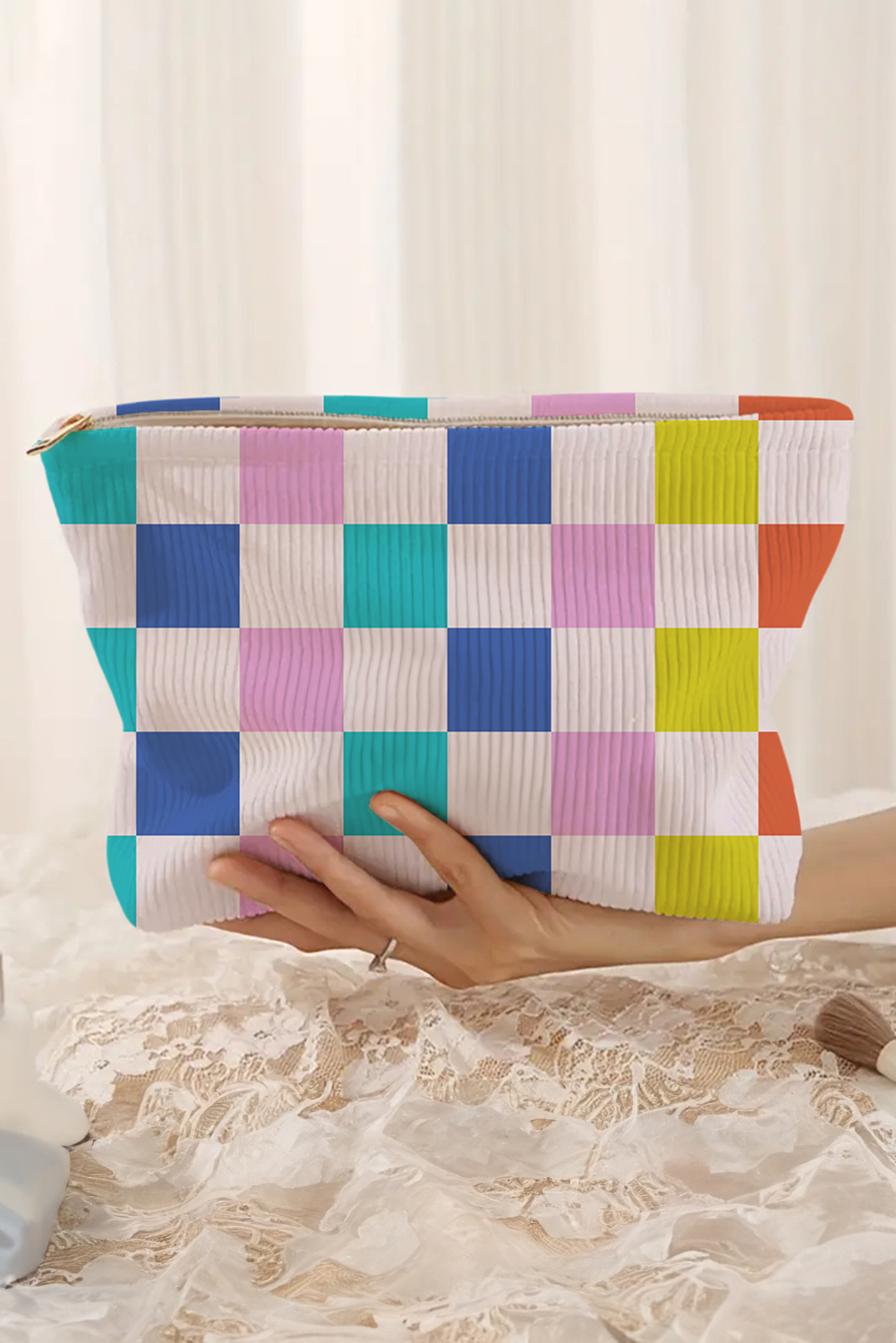 Pink Color Block Checkered Zipper Corduroy Cosmetic Bag - loveforevers
