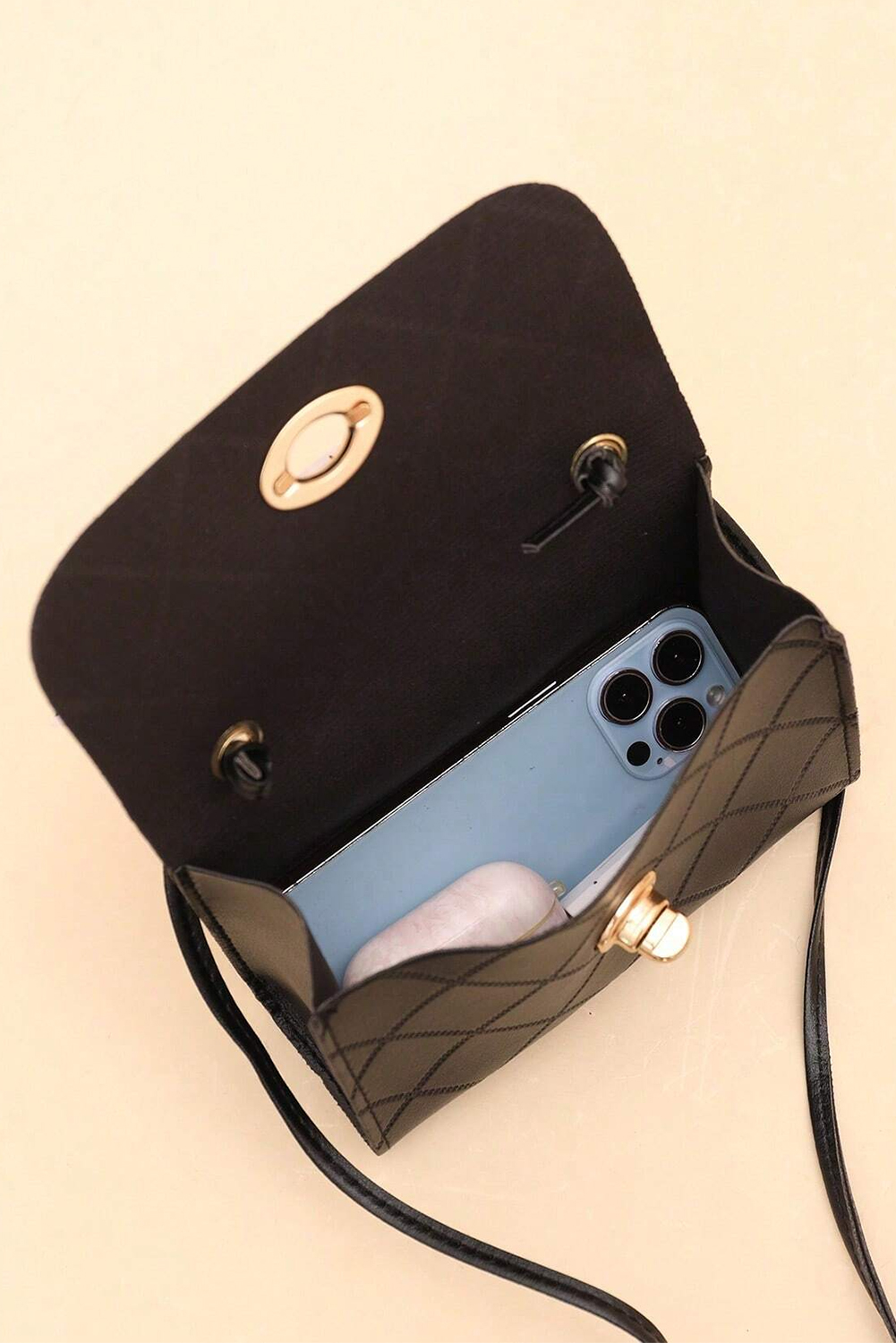 Black PU Leather Diamond Pattern Messenger Bag - loveforevers