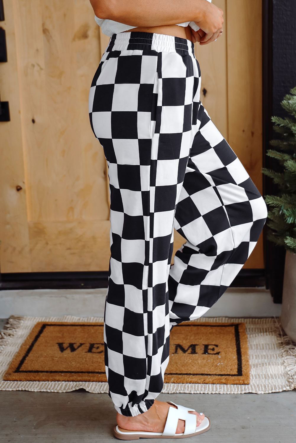 Black 2-Tone Checked Print High Waist Wide Leg Pants - loveforevers
