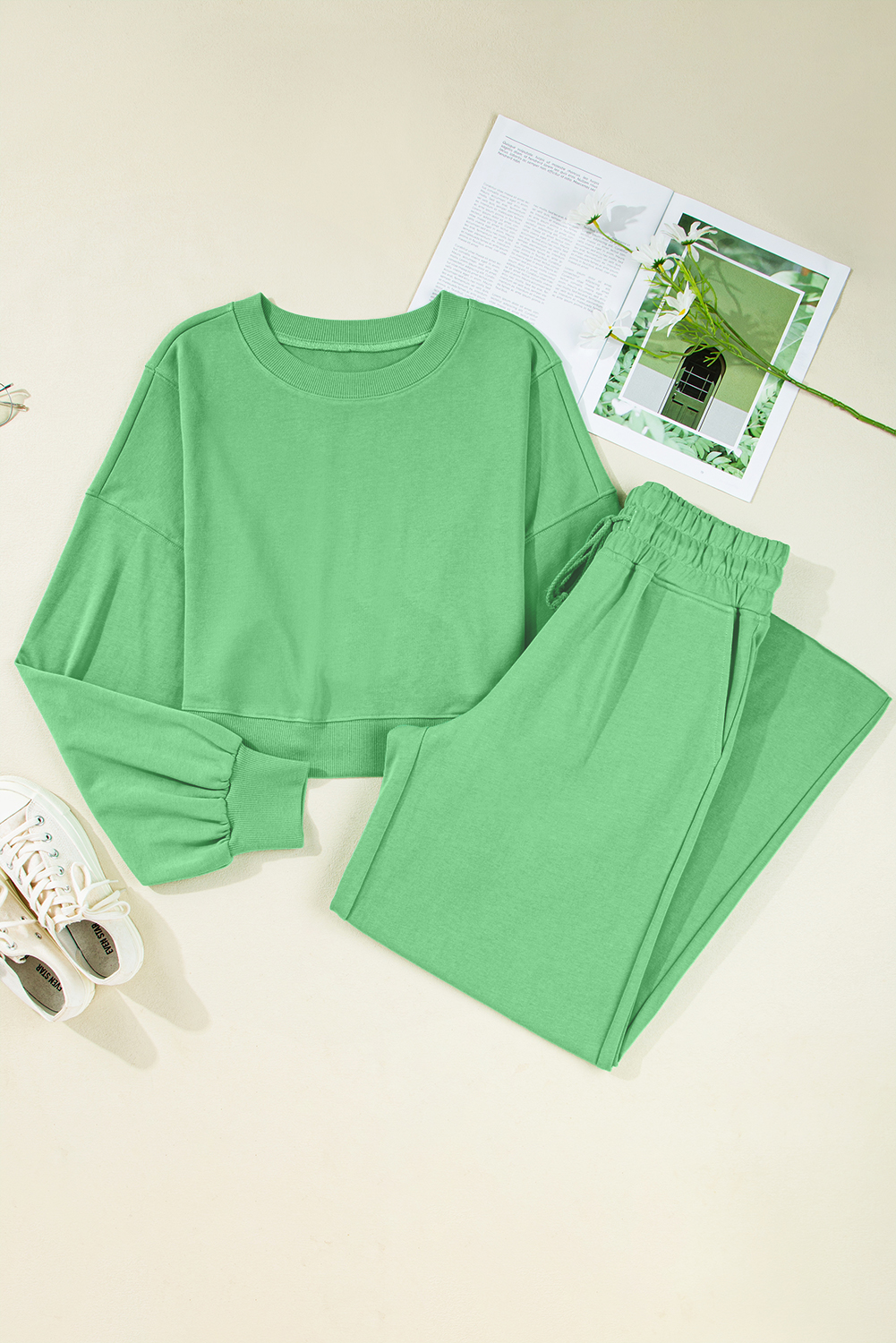 Bright Green Drop Shoulder Puff Sleeve Crop Pullover Drawstring Wide Leg Pants Set - loveforevers