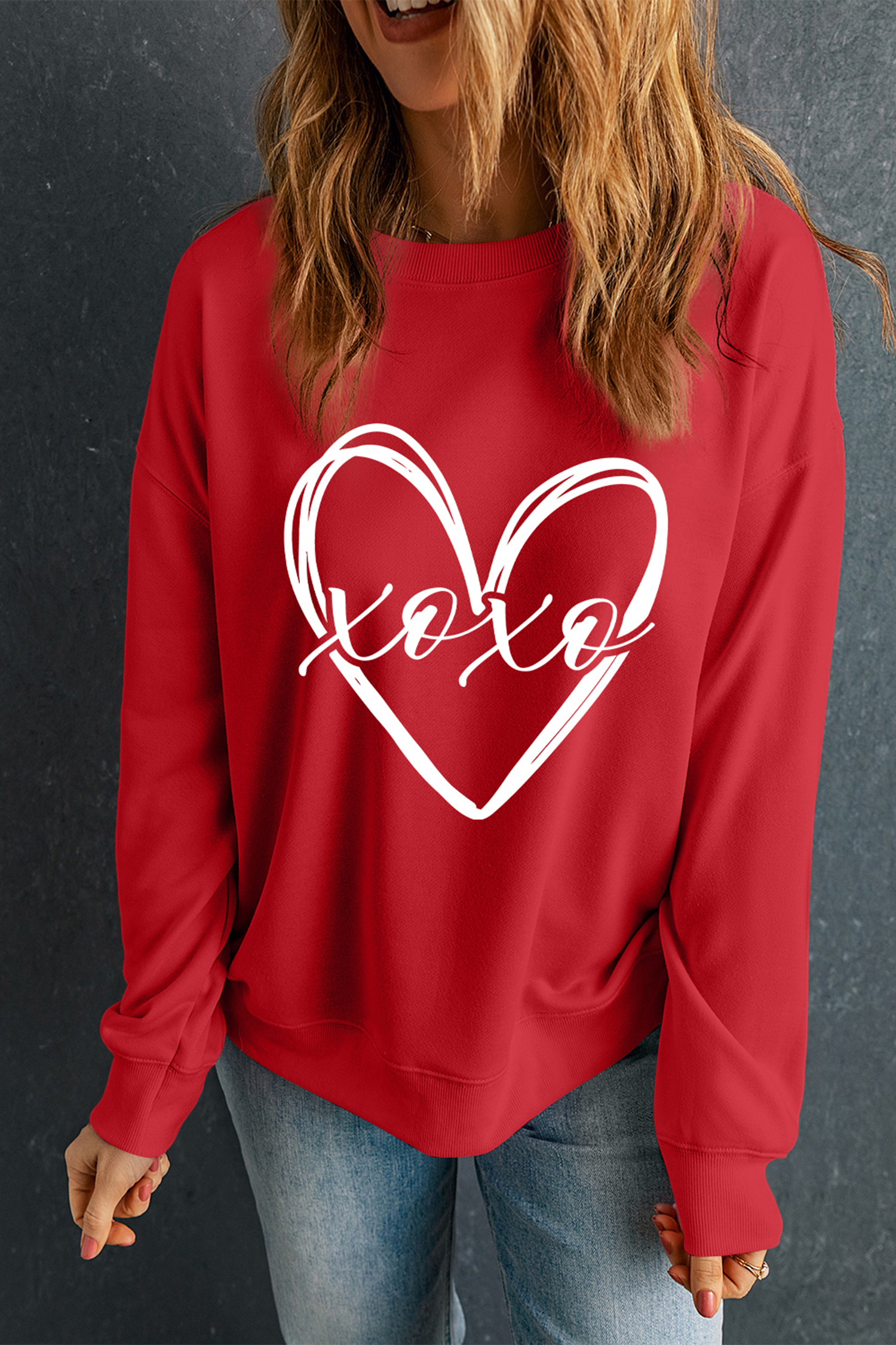 Red xoxo Valentines Heart Sketch Printed Pullover Sweatshirt - loveforevers