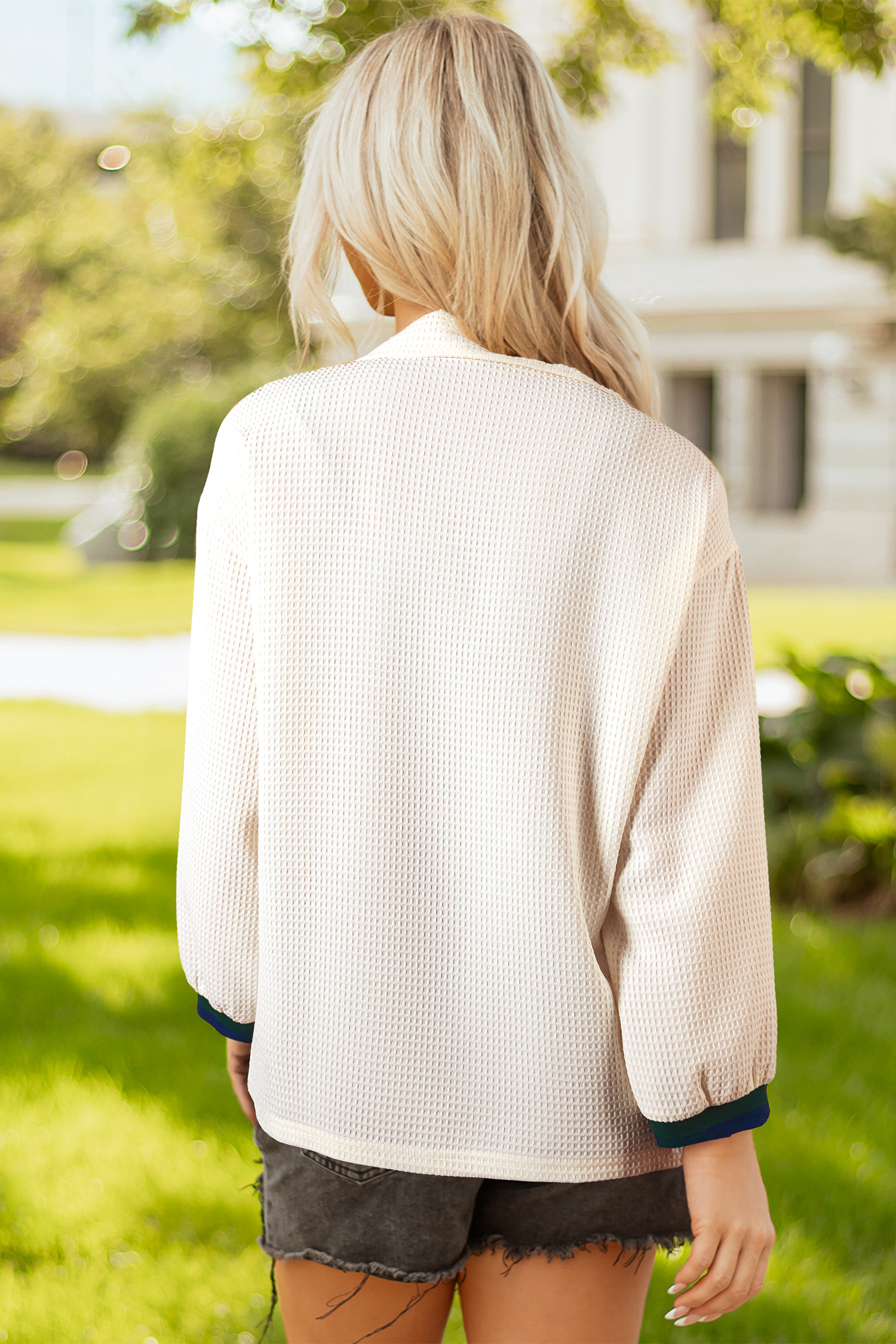 White Waffle Textured Contrast Polo Neck Zip up Jumper - loveforevers