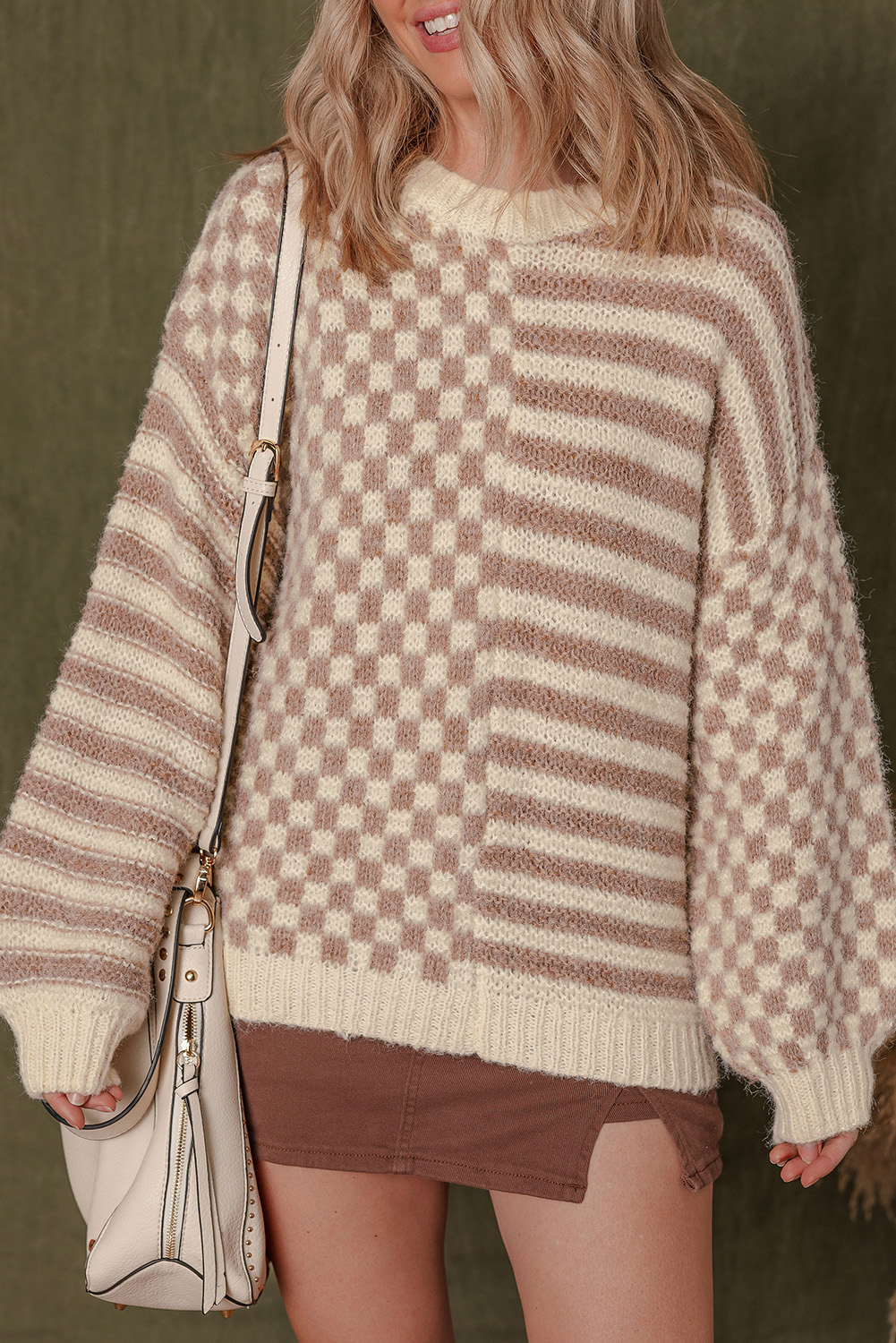 Khaki Stripe Checkerboard Drop Shoulder Balloon Sleeve Sweater - loveforevers