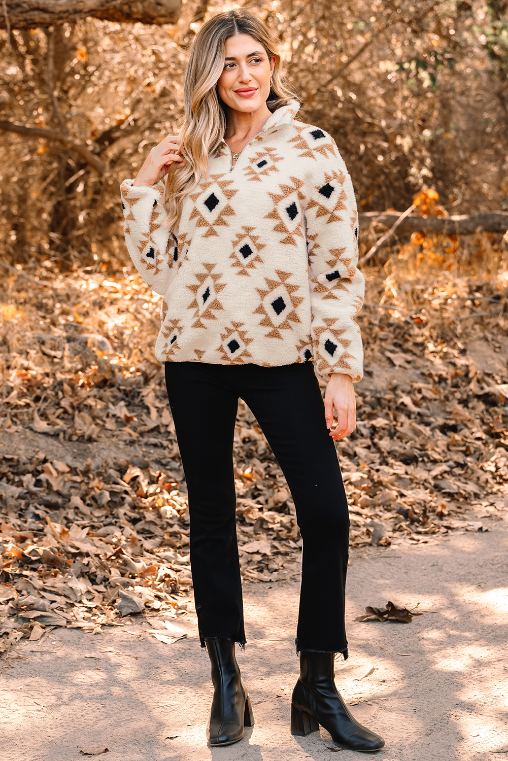 Khaki Aztec Print Sherpa Quarter Zip Collar Sweatshirt - loveforevers