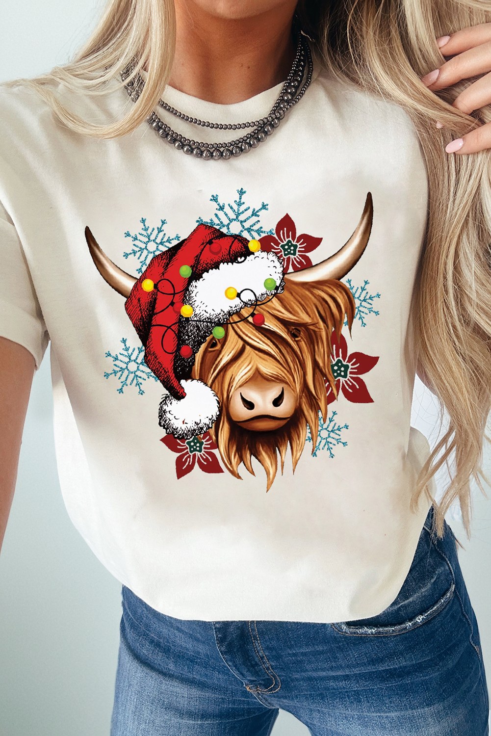 White Christmas Highland Ox Snowflake Print Womens T Shirt - loveforevers