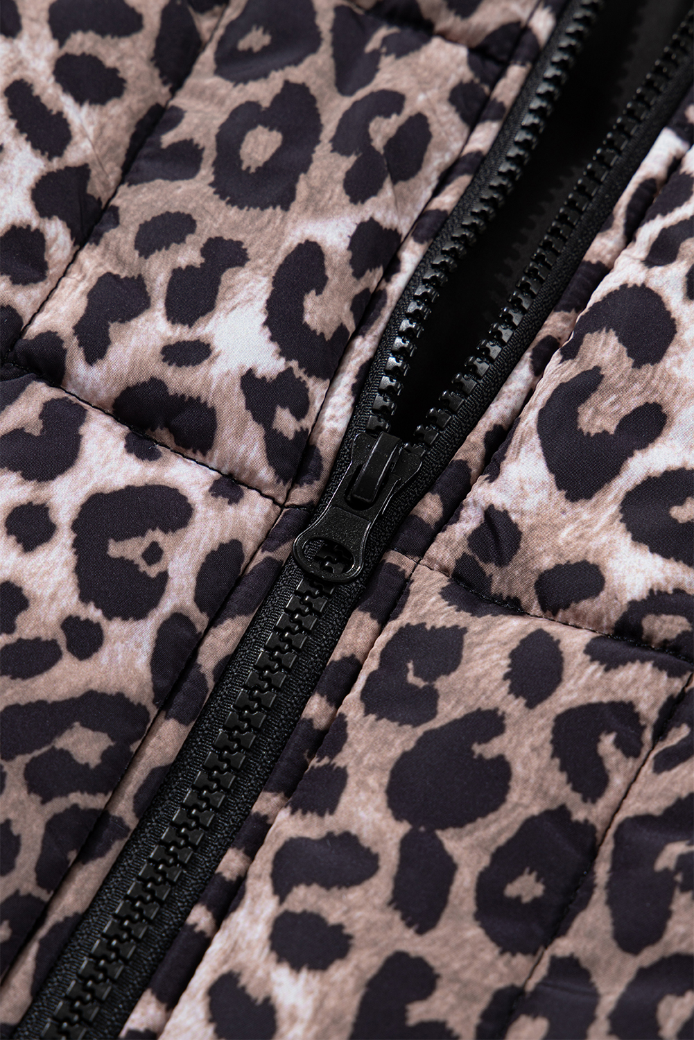 Brown Leopard Quilted Full Zipper Casual Puff Vest - loveforevers