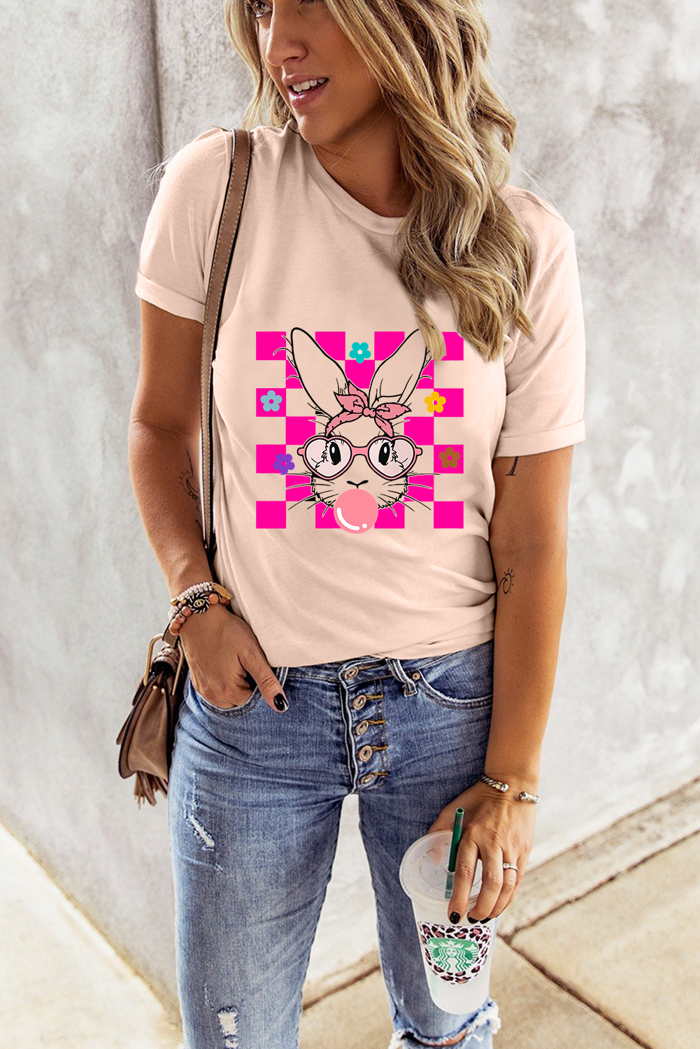 White Rabbit Bow Knot Print Crew Neck T Shirt - loveforevers