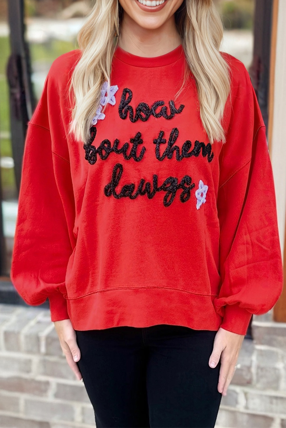 Fiery Red How Bout Them Dawgs Embroidered Script Balloon Sleeve Sweatshirt - loveforevers
