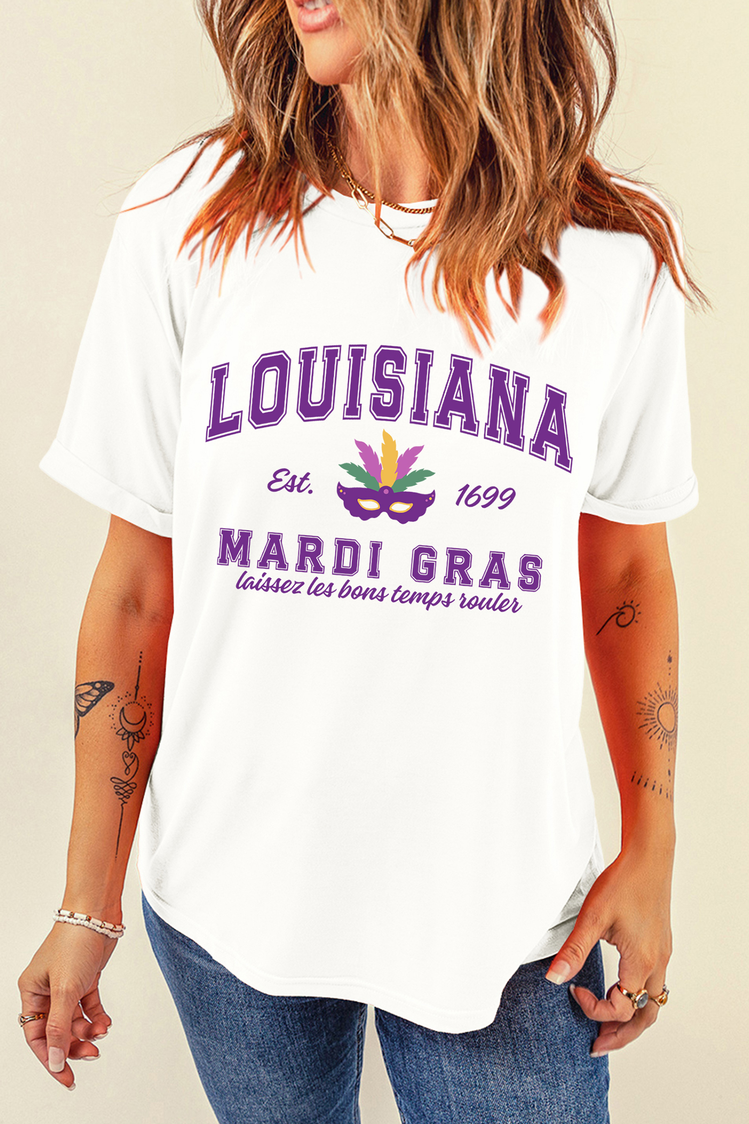 White LOUISIANA MARDI GRAS Retro Print T Shirt - loveforevers
