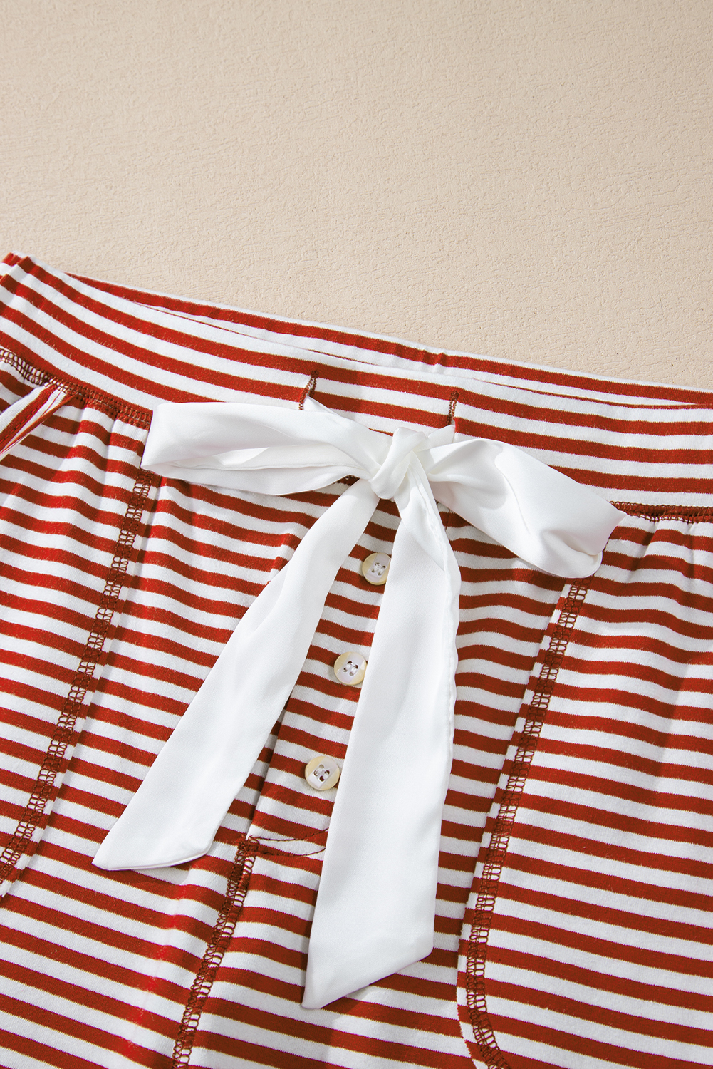 Red Stripe Buttoned V Neck Top and Knotted Waist Pants Lounge Set - loveforevers