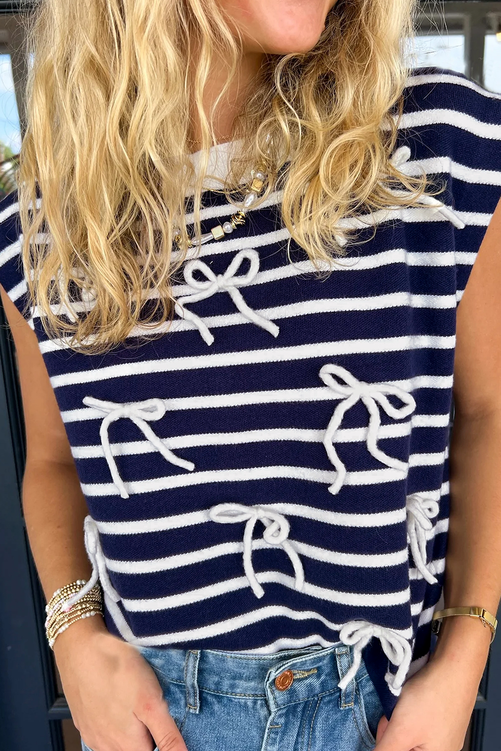 Blue Stripe Knitted Bow Decor Sweater Vest - loveforevers