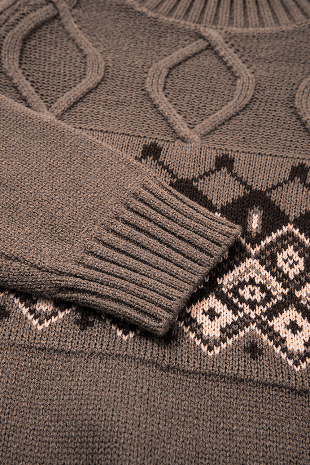 Light French Beige Western Geometric Patterned Crew Neck Knitted Sweater - loveforevers