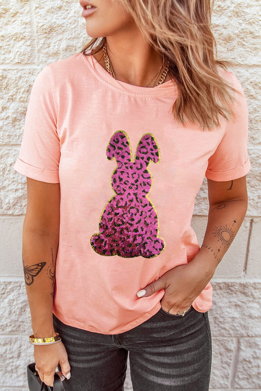 White Rabbit Bow Knot Print Crew Neck T Shirt - loveforevers