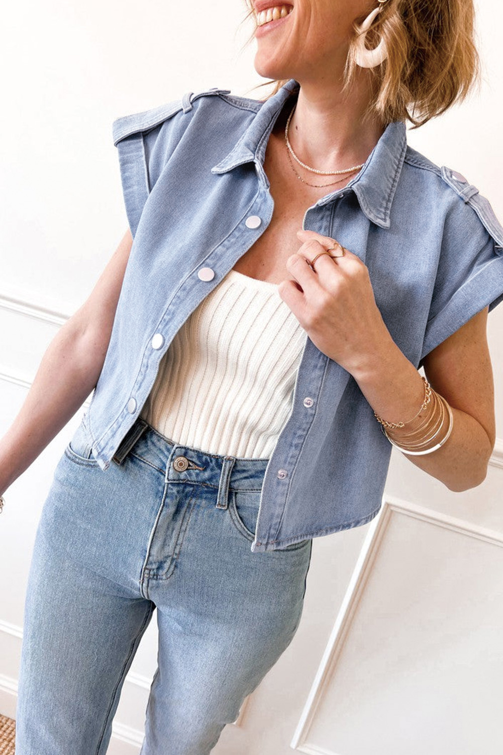 Dusk Blue Denim Pinup Folded Cap Sleeve Shirt - loveforevers