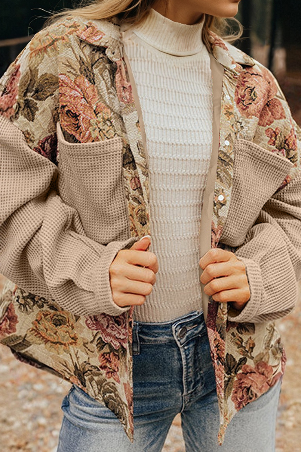Khaki Floral Waffle Knit Patchwork Chest Pockets Buttoned Jacket - loveforevers