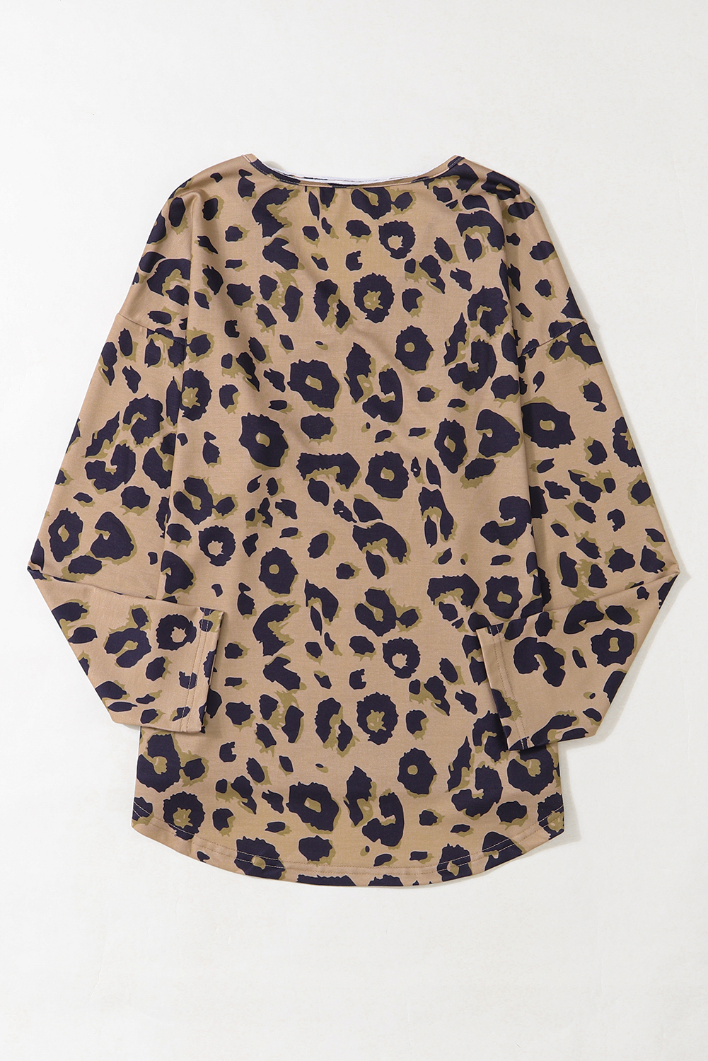 Brown Leopard Split Joint V Neck Long Sleeve Tops - loveforevers
