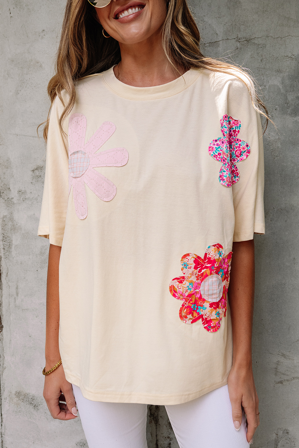 Apricot Flower Patched Exposed Stitching Trim Crew Neck Loose Tee - loveforevers